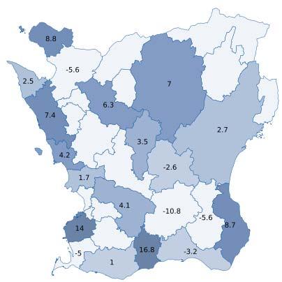 5 Positiv utveckling i 14 skånska kommuner Bland Skånes kommuner hade 14 kommuner en positiv utveckling av gästnätter under året 2016.