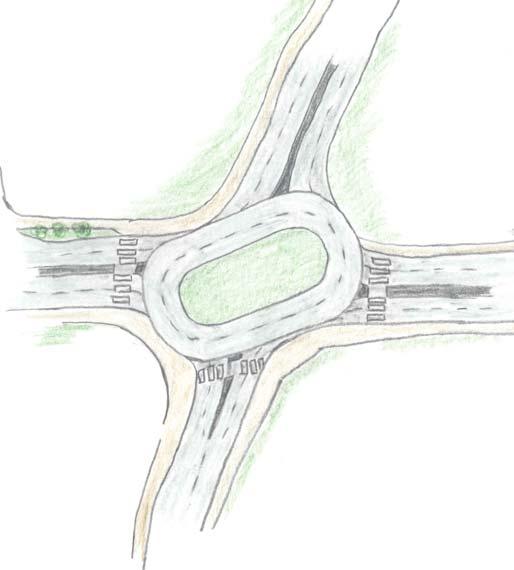 5 Förslag på åtgärder Figur 5.7 Alternativ 3- oval cirkulationsplats Efter försöken att skapa en cirkulationsplats i den elliptiska korsningen väcktes idén om en oval cirkulationsplats.