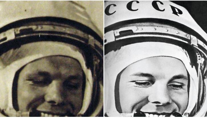 Exempel på hur man retuscherade bilderna ända tills Yuri Gagarin (1934 1968) nästan liknade en vaxdocka. Inga tekniska detaljer fick synas på bilderna.