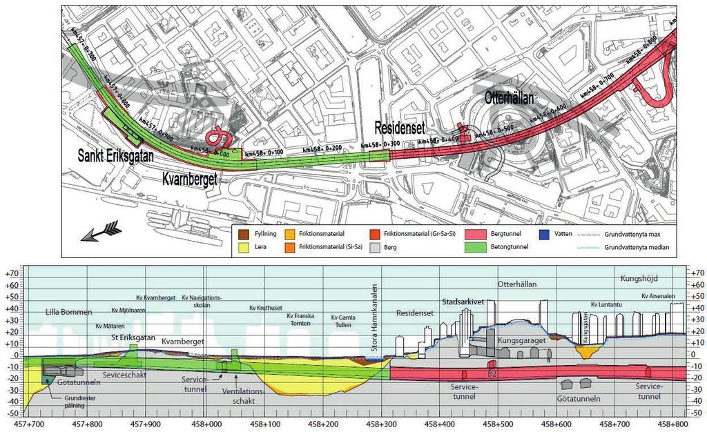 Figur 8.10 Översiktsbild över delsträckan Station Centralen Station Haga Götatunneln. Vid Kvarnberget byggs tunneln som en betongtunnel i öppen berg- och jordschakt.