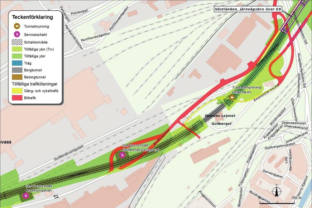 Figur 8.6 Illustration över anläggningsskedet för sträckan mellan E6 och Station Centralen. berget. Där schaktdjupen är små utförs schakt med slänt.