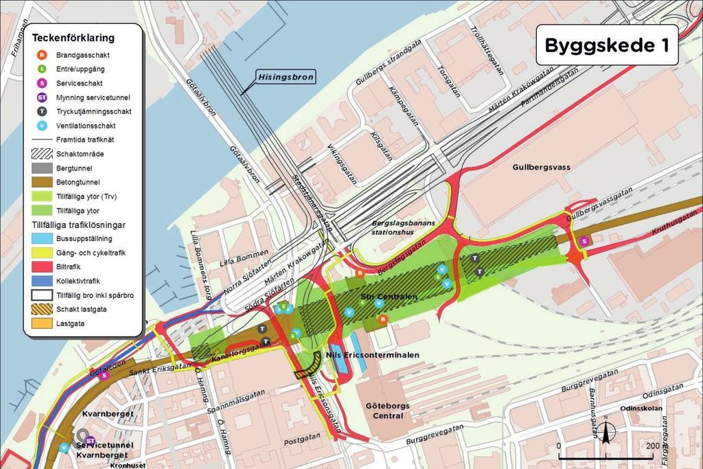 Figur 8.8 Illustration över anläggningsskedet för Station Centralen (byggskede 2). hissar kommer även integrerade översvämningsskydd att finnas för skydd mot dimensionerande högvatten på +4,0 meter.