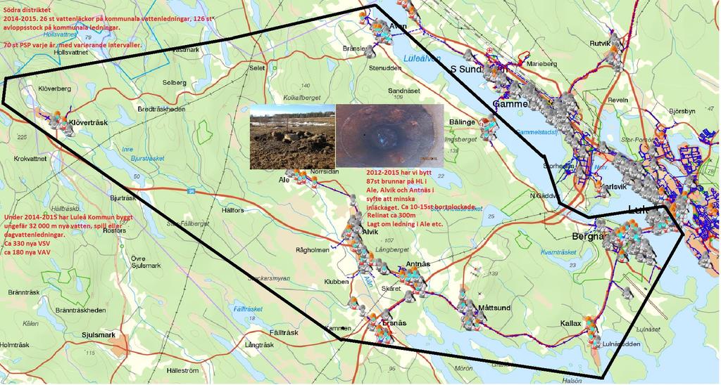 Södra distriktet Luleå kommun Södra distriktet 2012-2015 Har vi bytt 87 st brunnar på HL i Ale, Alvik och Antnäs i syfte att minska inläckaget. Mellan 10-15 brunnar är borttagna. Relinat ca 300 meter.