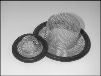 Clampdetaljer Synglas Clampsilkorg, kort av nät med 1.0 mm hålöppning (ca.15 mesh) Material: Nät: AISI 316, Gummi: Viton, silikon, EPDM. Ansl. Rördim. Fläns Ø Stl. Artikelnr. 38 1 1/2" 50.