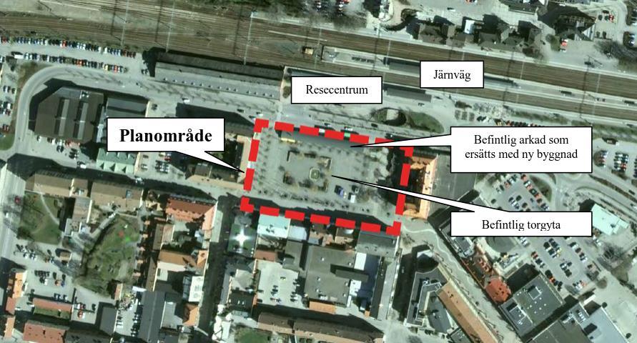 bebyggelse finns befintliga byggnader på ungefärligt samma avstånd från. Ett resecentrum planeras mellan byggnaden och spåren. Figur 3 Översiktsbild av området 3.