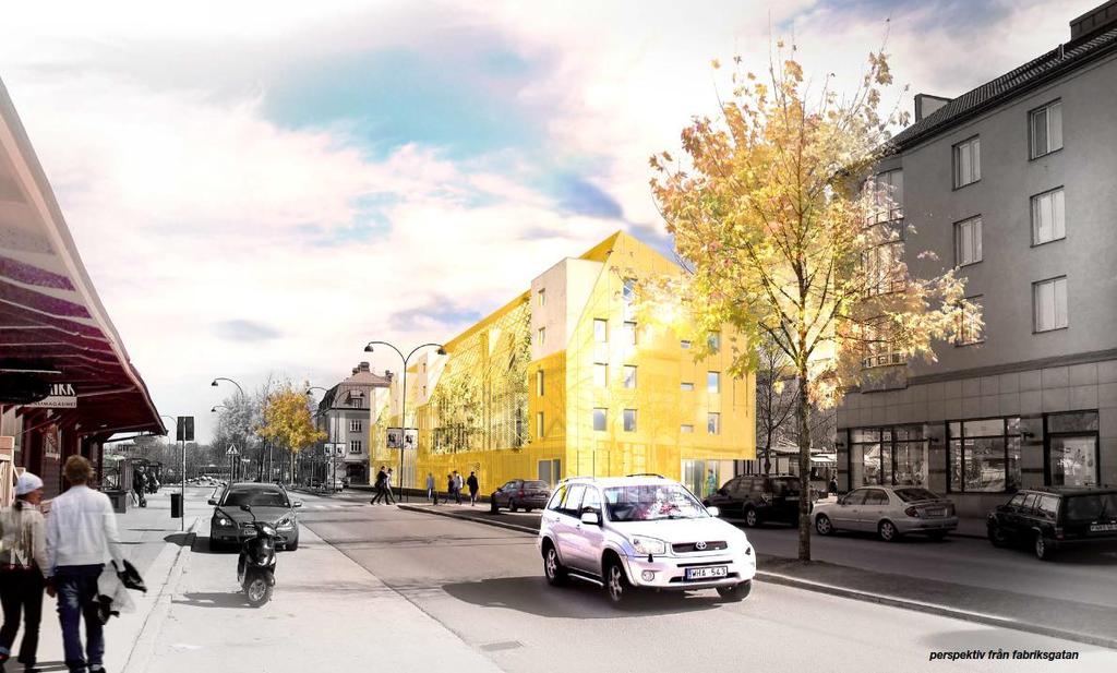 Figur 8 Perspektiv från Fabriksgatan med järnvägen till vänster och ny byggnad i gul skepnad till höger i bild 3.