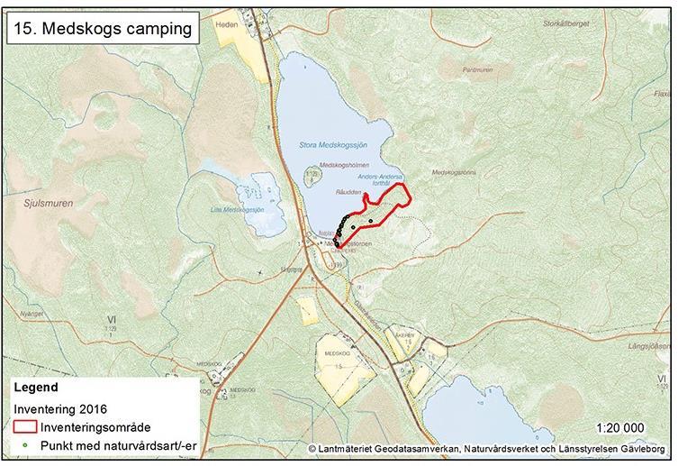 15. Medskogs camping 5 ha klass 2-6739200 x 594400 10 km NO Järbo Öster om campingplatsen vid Medskog och söder om sjön höjer