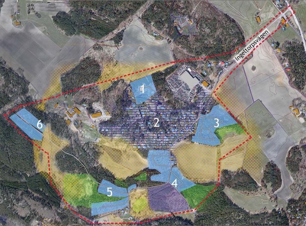 Värdefull naturmark som skall bevaras. Öppna betes och jordbruksmarker Områden aktuella för ny bostadsbebyggelse numrerade 1, 3-6 Befintliga bostads och fritidshus.