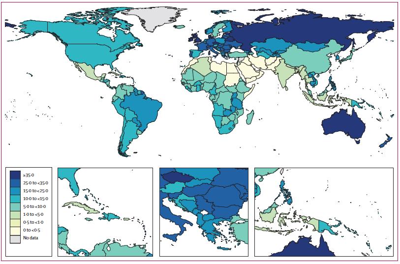 Global prevalence (%) alcohol use (any amount) during preganancy in