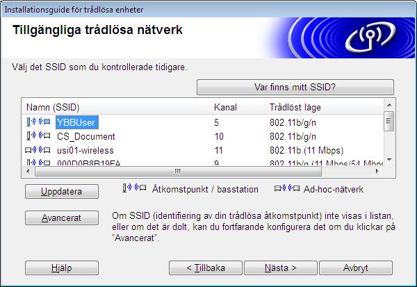 26 12-1 Guiden kommer att söka efter trådlösa nätverk som är tillgängliga från skrivaren. Välj SSID-namnet som du noterade under MINNESANTECKNING sida 21 och klicka sedan på [Nästa].