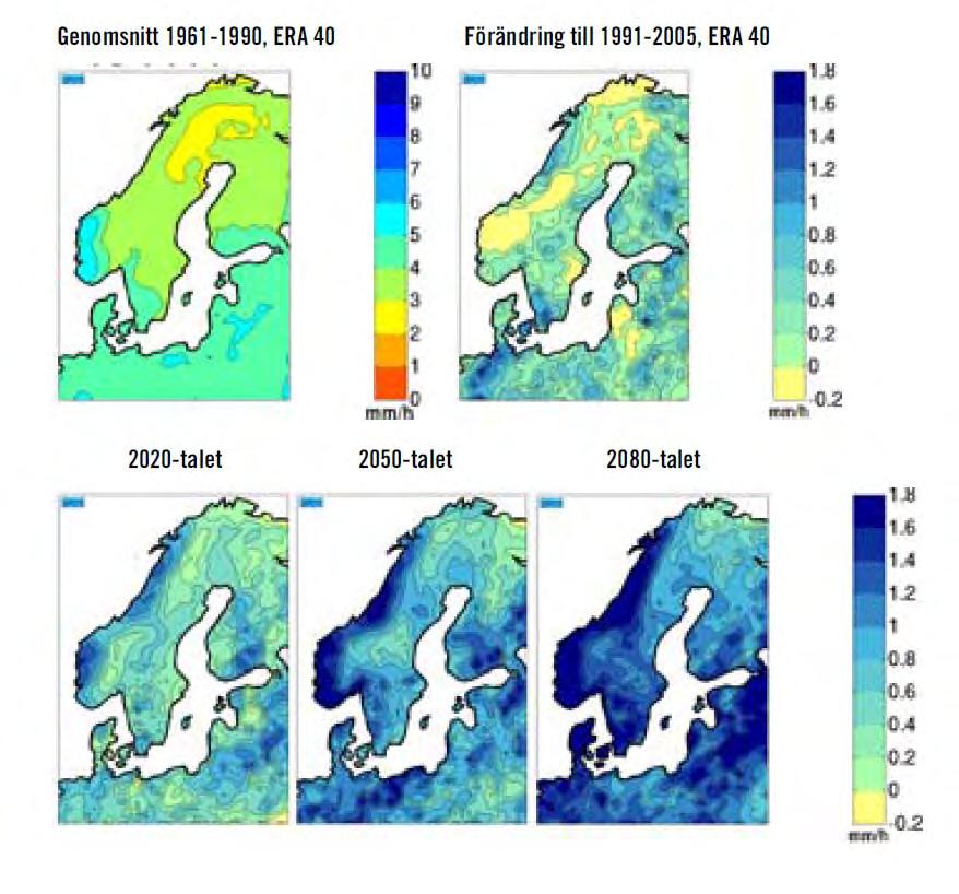 Figur 8. Förändring i intensitet i de kraftigaste regnen (mm/h) till 2080-talet jämfört med 1961-1990 (modeller RCA3-ERA 40, RCA3-EA2). SMHI.