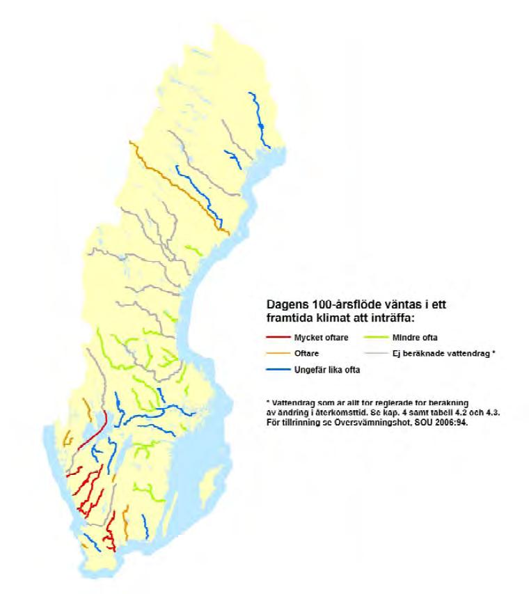 Figur 12. Förändring i återkomsttid av dagens 100-årsflöden i oreglerade och lågt reglerade vattendrag till 2071-2100 jämfört med 1961-1991 (modeller RCAO-EA2, RCAO-EB2, RCAO-HA2, RCAO-HB2). SMHI.