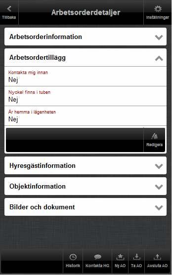 I denna panel presenteras detaljer kring den specifika arbetsordern och denna är expanderad när användaren kommer till vyn.