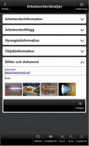 Bilder och dokument I panelen Bilder och dokument presenteras de bilder och dokument som lagts till arbetsordern. För att förstora en bild och titta närmare på den, klicka på bilden.
