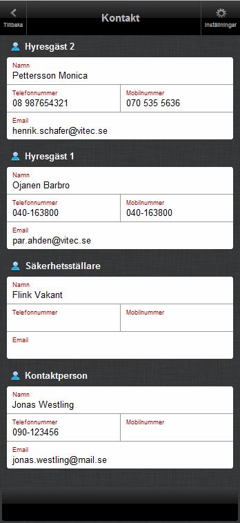 Kontakt I denna vy presenteras uppgifter om personer i olika roller, dessa är kopplade till