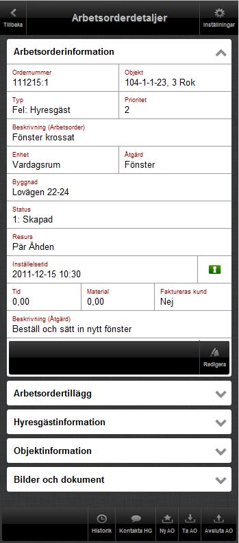 Arbetsorderinformation I denna panel presenteras detaljer kring den specifika arbetsordern och denna är expanderad när