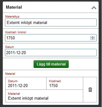 Material Att lägga till och ta bort material fungerar på samma sätt som för tid. Fel!