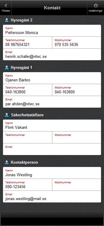 Kontakt I denna vy presenteras uppgifter om personer i olika roller, dessa är kopplade till kontraktet på objektet