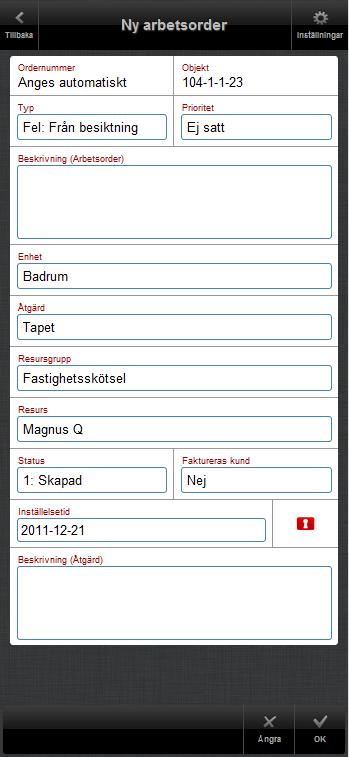 Ny arbetsorder Skapa en ny arbetsorder genom att fylla i uppgifterna och klicka därefter på OK för att skapa/spara den nya arbetsordern eller