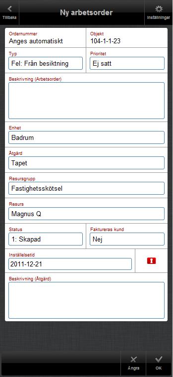 Ny arbetsorder Skapa en ny arbetsorder genom att fylla i uppgifterna och klicka därefter på OK för att skapa/spara den nya arbetsordern eller