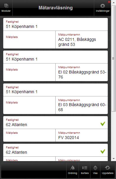 Modul Mätaravläsningar Vy Mätare Fältet för entiteten mätaren är kopplad till, dvs Fastighet,Byggnad eller