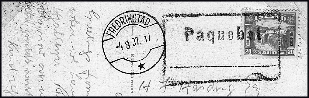 Skepps stämpel: BUREAU DE MER /DE NORVE ( överst på datumstämpel) / KRISTIANSAND-FREDERIKSHAVN (nederst ) på par Chr IX 6 aur daterad 3.V.(19)06 FREDERIKSTAD Se Figur 8 för en annan mindre, inramad Paquebot daterad 4.