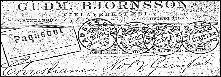 HAUGESUND Ur Schilling s bok visar jag Figur 9 ett brev till Oslo daterad 28.XI.(19)27 som visar samma Paquebot Hosk.623(319) med liten ram. Den tvåringade stämpeln från 15.X.02 är känd på 16aur i oval men ovalmärken var inte giltiga från 9.