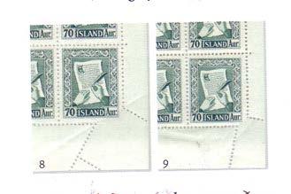 med en fjäderpenna. Frimärket trycktes om både i 1954 och 1956. Märket i pos. 100 har sitt nedre högre hörn otandat i båda ark men på olika sätt.