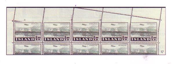 ett helark med 2,50 kr. märket som avbildar Eiriksjökull glaciär (Facit 313). Arkets översta märkesrad är delvis otandat och perforeringarna konstiga (bild no. 17). Utrop var satt till 1.