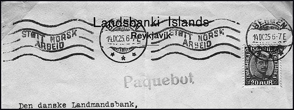 Den här stämpeln dök upp 1926 men nu utan ram kanske använd i nödfall. 2) En ny rak Paquebot, utan ram 34½mm tillkom på 1920-talet, Hosk. 627(321) och är känd använd 1933.