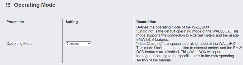 Driftläge BMW i Wallbox stöder två driftlägen. Charging: Detta driftläge är fabriksinställningen och rekommenderas särskilt för privatkunder.