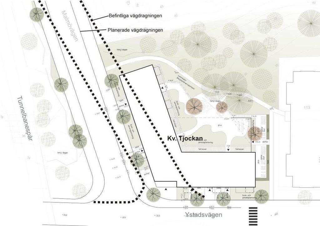Figur 6. Illustrationsplan för kvarteret Tjockan (2015-11-13) med både befintlig (prickstreckad) och planerad vägdragning redovisad.