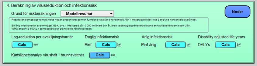 Figur 3.5 Modellbox för steg 4, beräkning av virusreduktion och infektionsrisk. Nederst i denna box beräknas resultaten från analysen.