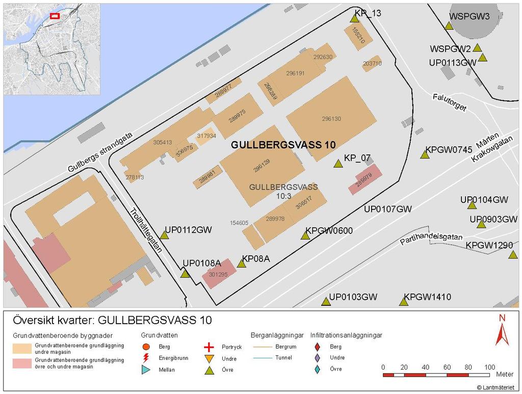 Kvartersbeskrivning 10, MPU02-01-036-GV10_0001, Version_ Figur 2. 10, där grundvattenberoende byggnader visas i rött och orange.