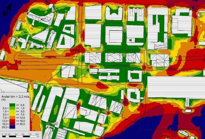PLAN-MKB ÖVERDÄCKNING AV GÖTALEDEN 27 Figur 12 Andel av timmar per år med vindhastighet över 2,2 m/s (%) i markplan. 1 % av årets timmar är ca 88 timmar. Observera att skalan inte är linjär.