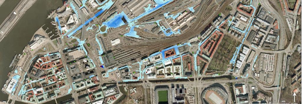 stationsområdena för Västlänken (Norkonsult) framgår att ovan nämnda ytor riskerar att översvämmas vid extrem nederbörd. Se vidare under kapitlet 3 