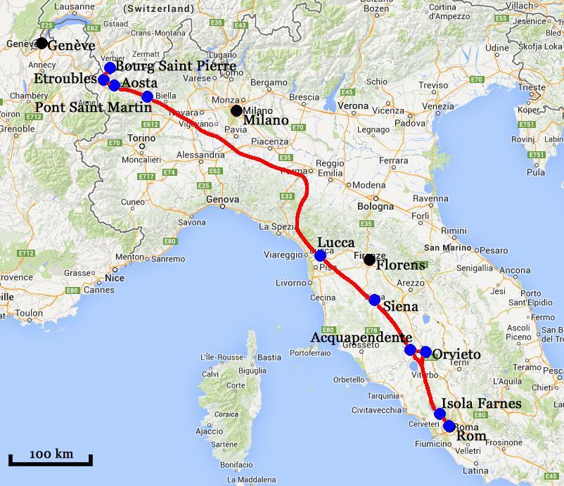 Via Francigena, Bourg Saint Pierre Rom, 13 nätter 11(11) Via Francigena genom Italien Omnes viae Romam perducunt, alla vägar bär till Rom är en gammal devis som under medeltiden inte var långt från