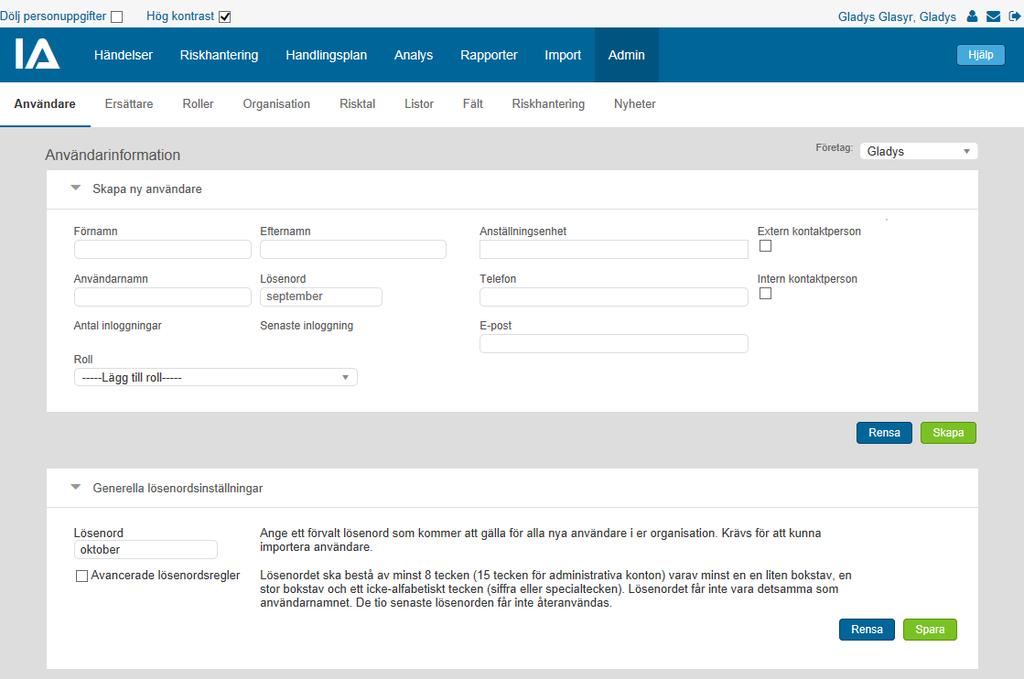 Sida 8 av 32 3.3. LÖSENORD FÖR NYA ANVÄNDARE För att kunna importera användare till IA-systemet måste ni ha angett ett standardlösenord för er organisation.