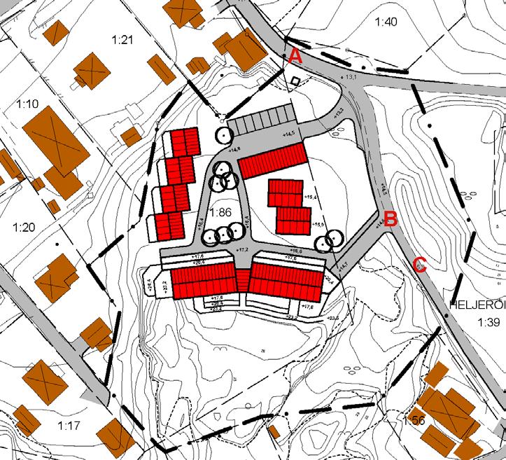 Gator och trafik Planförslaget medger att Heljerödsvägen breddas på sträckan A-C, se bilden nedan På sträckan A-B bör gatan breddas till minst 4,5 m vilket motsvaras av den gråa ytan i bilden nedan.