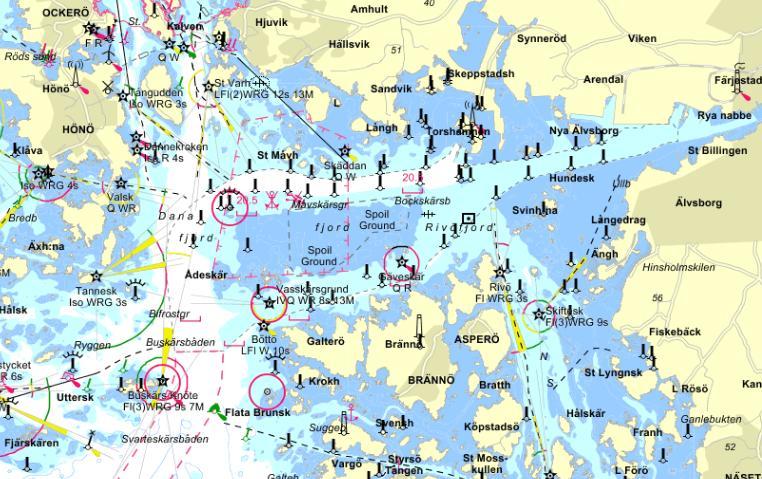 3.2 DJUP Rivö Fjord är ett relativt grunt havsområde. I större delen av vattenförekomsten är vattendjupet mindre än 10 m. Det är främst i farlederna som vattendjupet är 15-20 m.