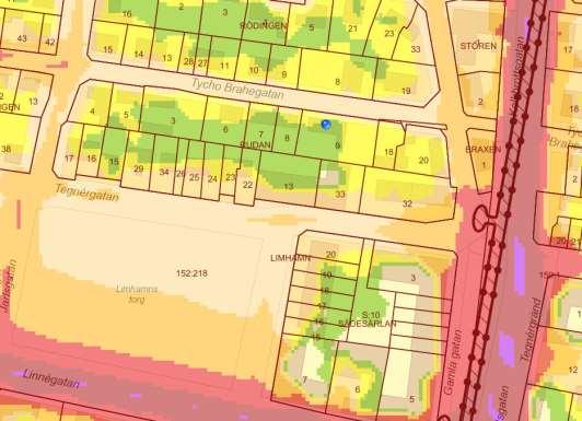 Inga större mängder av genomfartstrafik bedöms ske på Tycho Brahegata. Trafikmängder gällande tung trafik gör utifrån en generell bedömning på 10% av den totala trafikmängden.