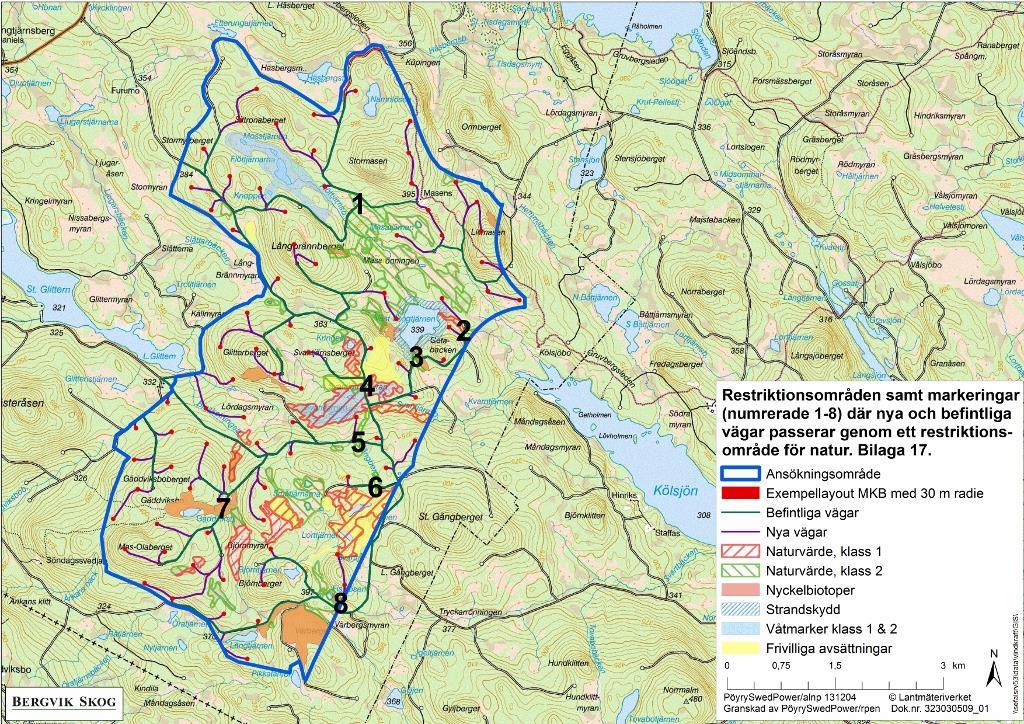 1 RESTRIKTIONSOMRÅDEN OCH BEFINTLIG VÄG 4 I exempellayouten finns sju platser där befintlig väg redan idag går igenom någon form av naturvärden, (se område nr 1-7 i Figur 1).