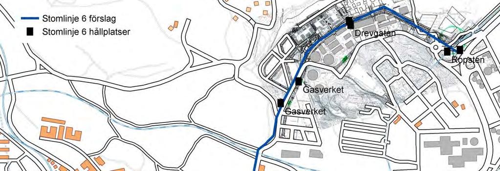 8(22) 4.1 Norra Djurgårdsstaden till Odengatan I Ropsten föreslås stomlinje 6 starta i samma hållplatsläge som linje 76 avstigningshållplats.