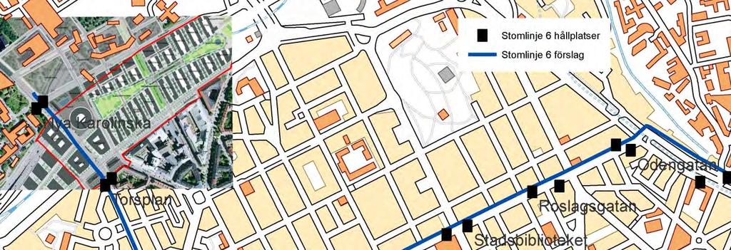 9(22) 4.2 Odengatan till Hagastaden Stomlinje 6 går såsom stomlinje 4 från Vallhallavägen och Odengatan fram till Odenplan.