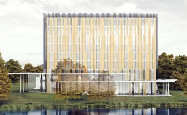 Hotellbyggnadens huvuddrag bör uppfattas som en skarpskuren solitär i samklang med simhall och grönska.
