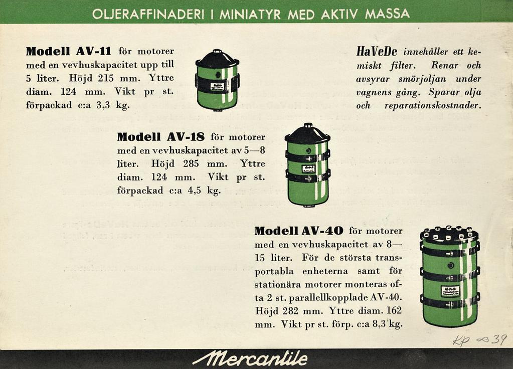 OLJERAFFINADERI I MINIATYR MED AKTIV MASSA Modell AV-11 för motorer med en vevhuskapacitet upp till 5 liter. Höjd 215 mm. Yttre diam. 124 mm. Vikt pr st. förpackad c:a 3,3 kg.