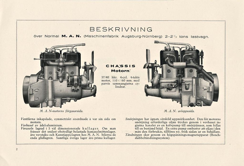 -) BESKRIVNING över Normal M. A. IM. (Maschinenfabrik Augsburg-Nurnberg) 2-2!.> tons lastvagn C H AS S I S Motorn 37/40! hkr. <J*cyl. motor, 110 X 160 mm. med parvis sammangjutna cys lindrar. M. A. N=motovns f.
