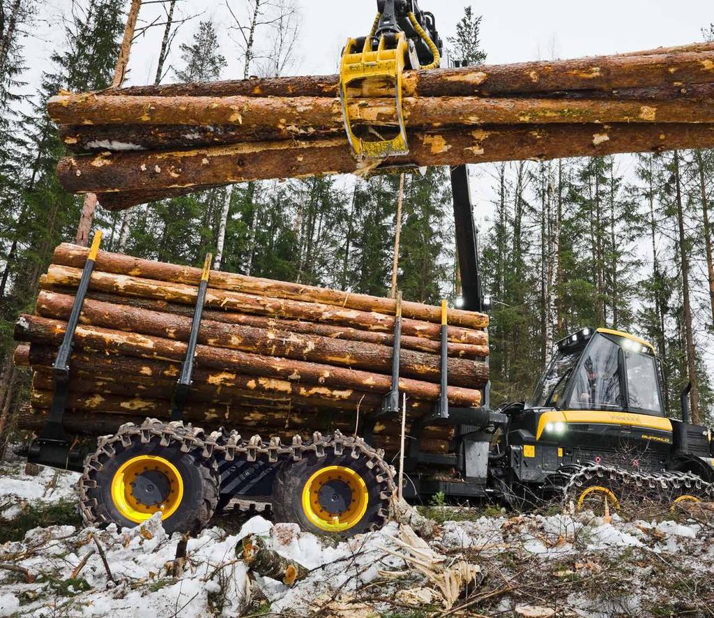 NYTT ALTERNATIV GER LÄGRE MARKTRYCK LÅNG BOGGI FÖR SKOTARE Till de åttahjuliga modellerna av PONSSE Wisent, Elk och Buffalo finns nu ett nytt boggialternativ, en lång boggi,