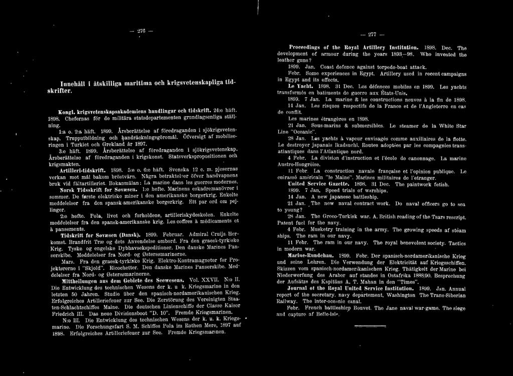 Innehåll skrifter. 27G åtskilliga maritima och krigsvetenskapliga tid- Kong!. krigsvetenskapsakademiens handlingar och tidskrift. :4:c h~ft. 1898.