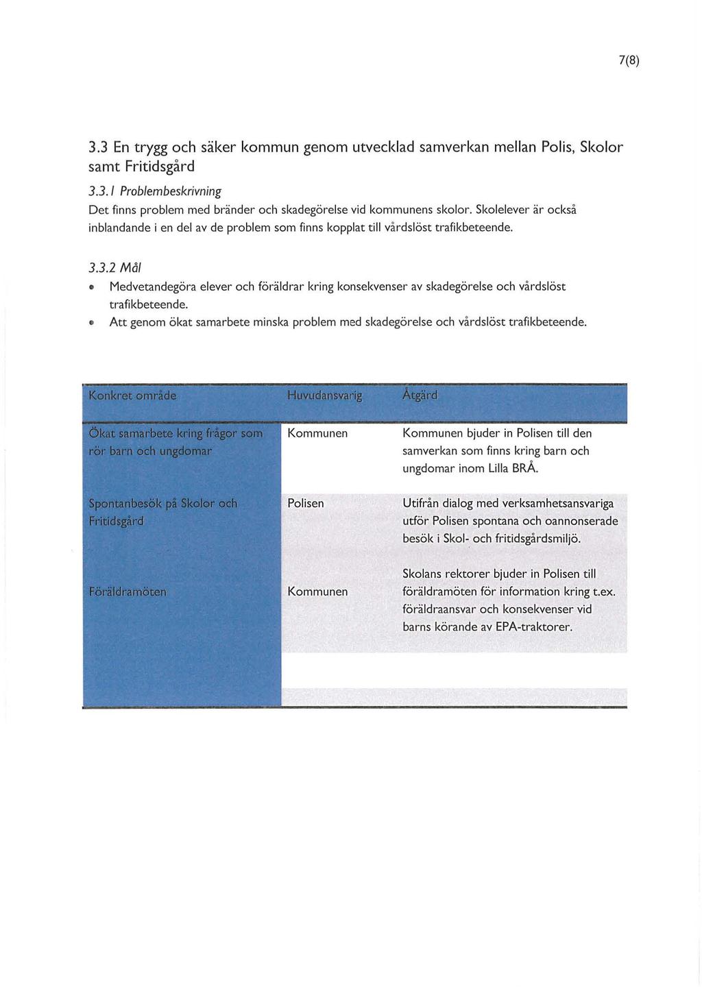 7(8) 3.3 En trygg och säker kommun genom utvecklad samverkan mellan Polis, Skolor samt Fritidsgård 3.3. 1 Problembeskrivning Det finns problem med bränder och skadegörelse vid kommunens skolo r.